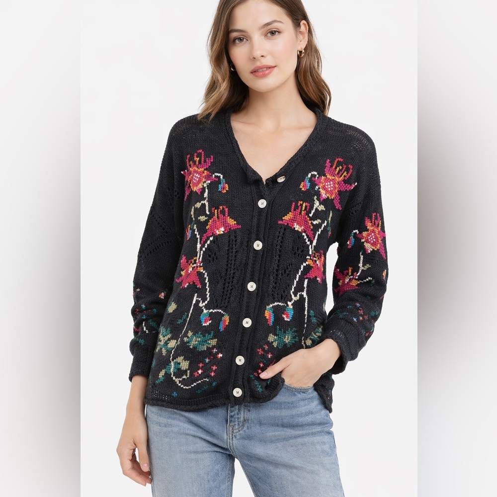 Vintage Hand Knit Floral Cardigan Sweater Oversized 90s Boho Cottagecore